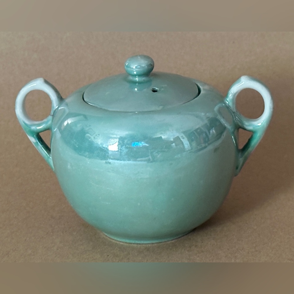 1930s VTG  Lusterware Porcelain Sugar Bowl Handles Turquoise Blue Made In Japan